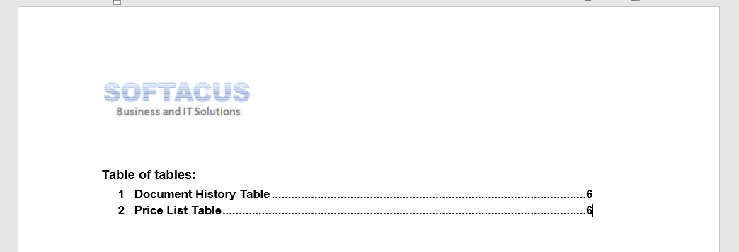 Table of tables content - 1) Document History table 2) Price list table